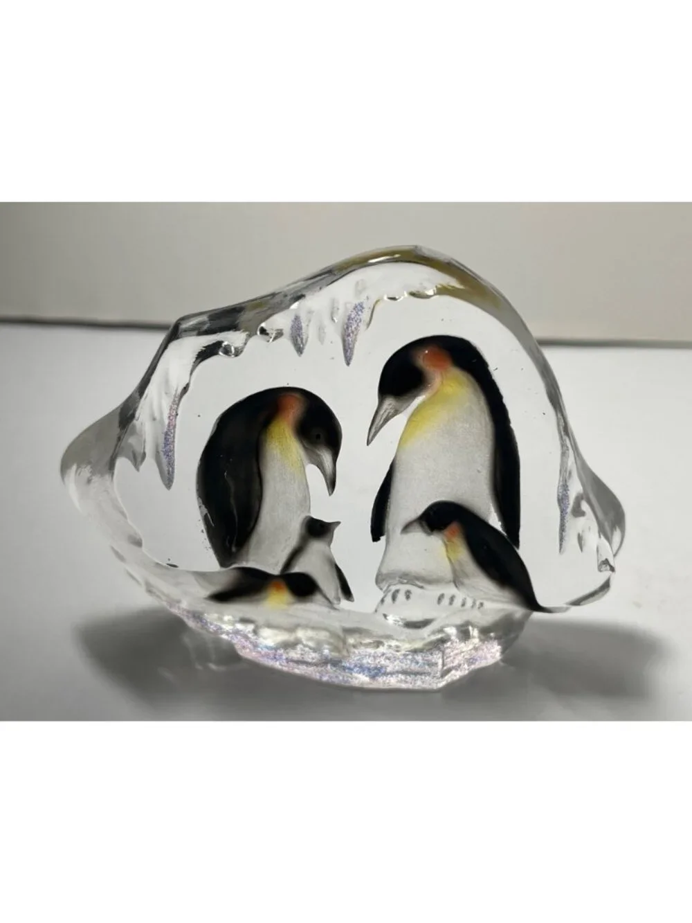 Handcrafted Glass Penguin Family On An Iceberg Sculpture Paperweight - Picture 3 of 8